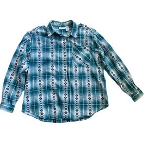 Vintage Womens Green Plaid Diamond Print Button Front Shirt Sz Large Western